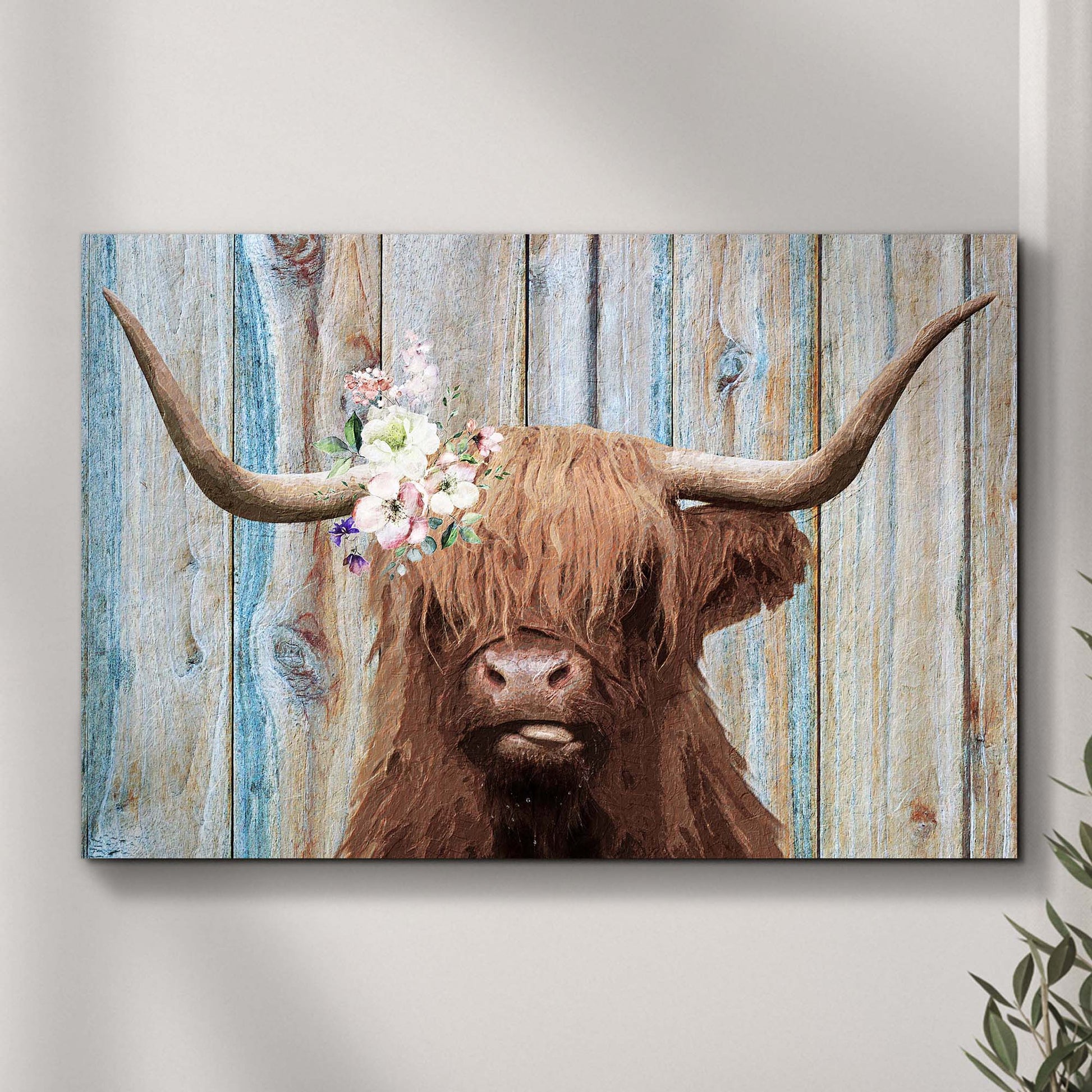 Highland cow rustic painting canvas wall art in warm earthy tones with painterly farmhouse style on gallery-wrapped canvas