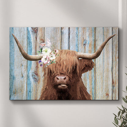 Highland cow rustic painting canvas wall art in warm earthy tones with painterly farmhouse style on gallery-wrapped canvas