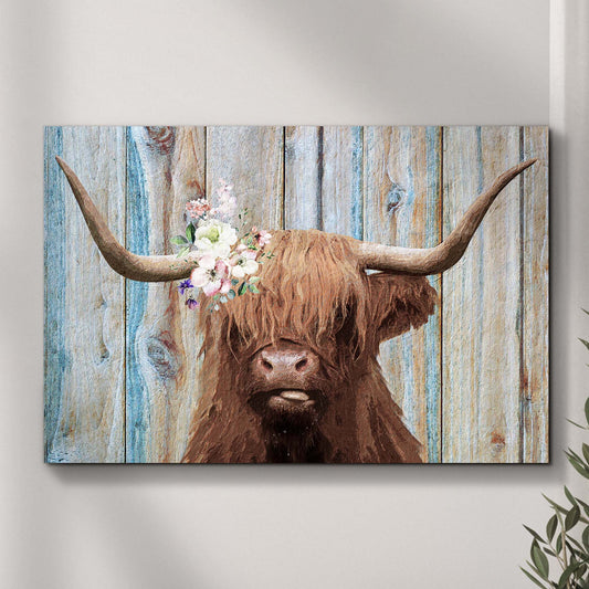 Highland cow rustic painting canvas wall art in warm earthy tones with painterly farmhouse style on gallery-wrapped canvas