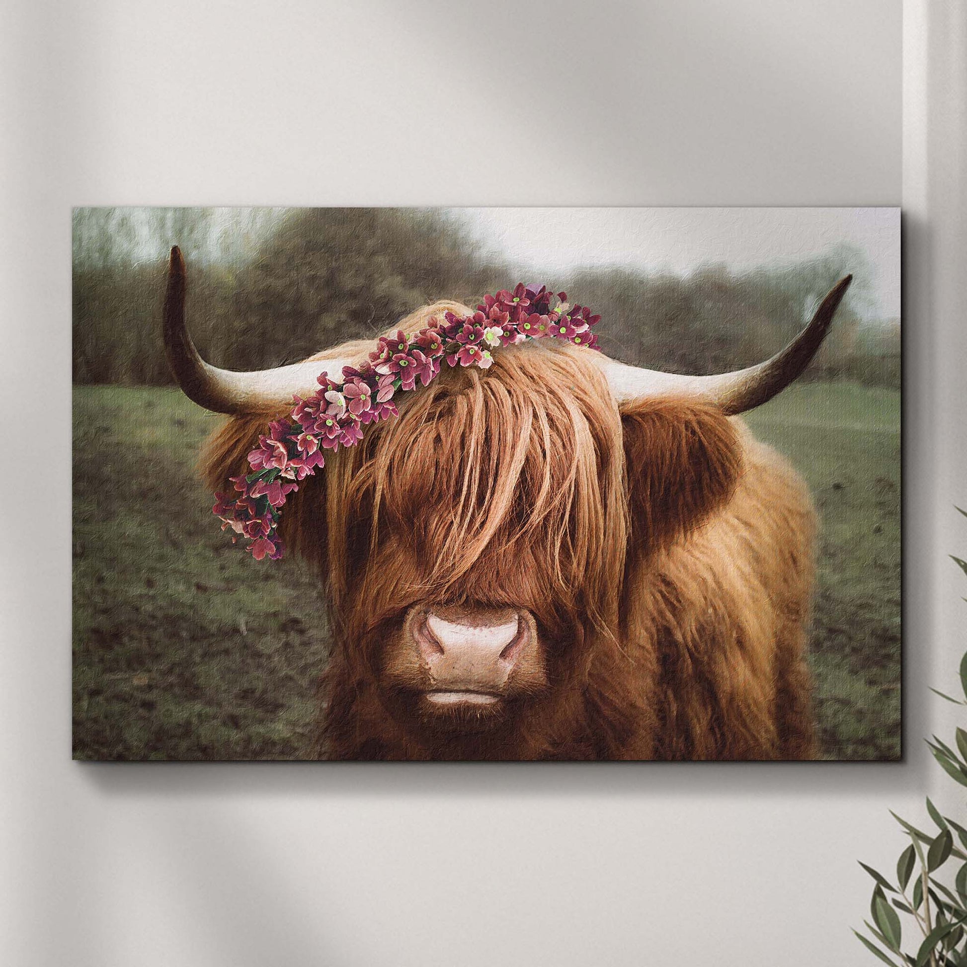 Retro floral crown Highland cow canvas wall art, whimsical farmhouse animal decor