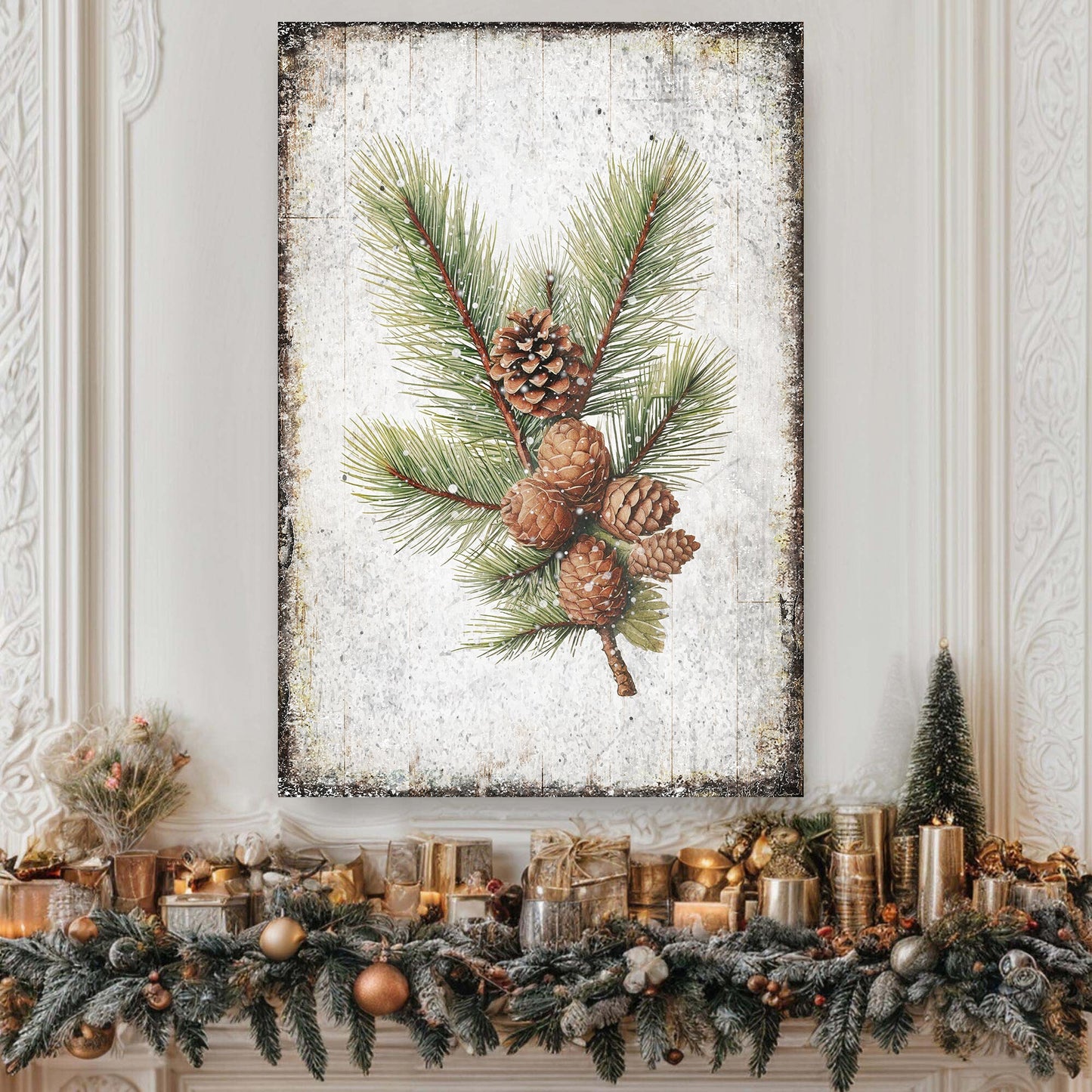 Vintage Winter Pine Cone Canvas Wall Art IV