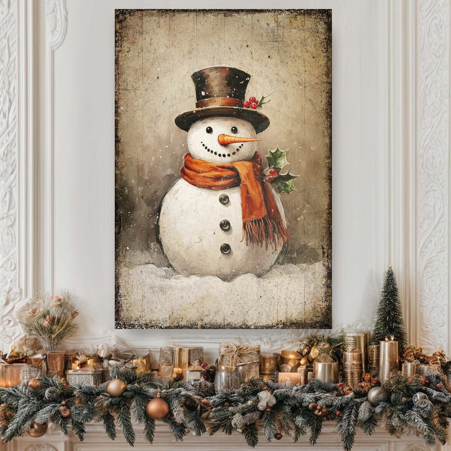 Vintage Snowman Christmas Canvas Wall Art IV