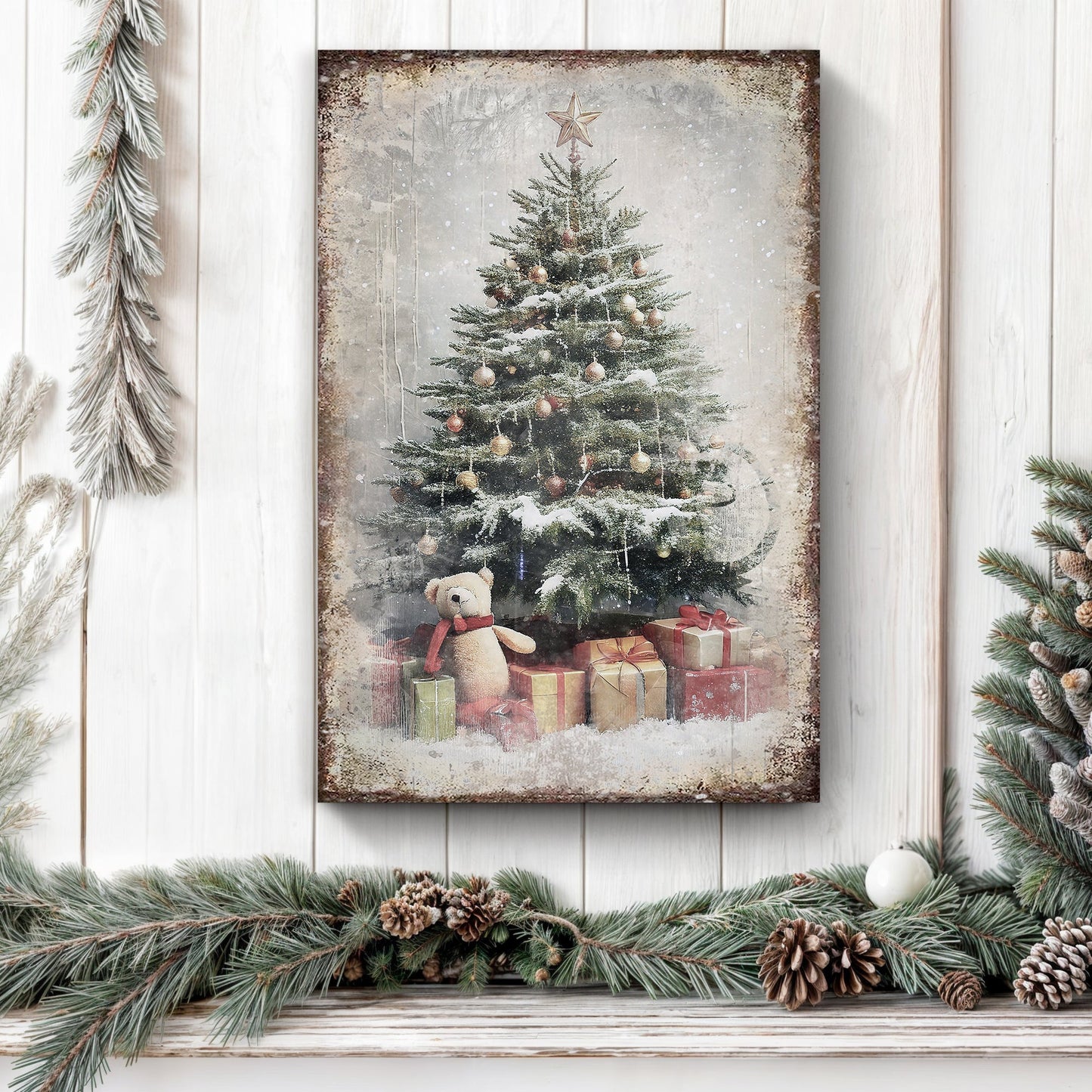 Vintage Christmas Tree With Gifts Canvas Wall Art