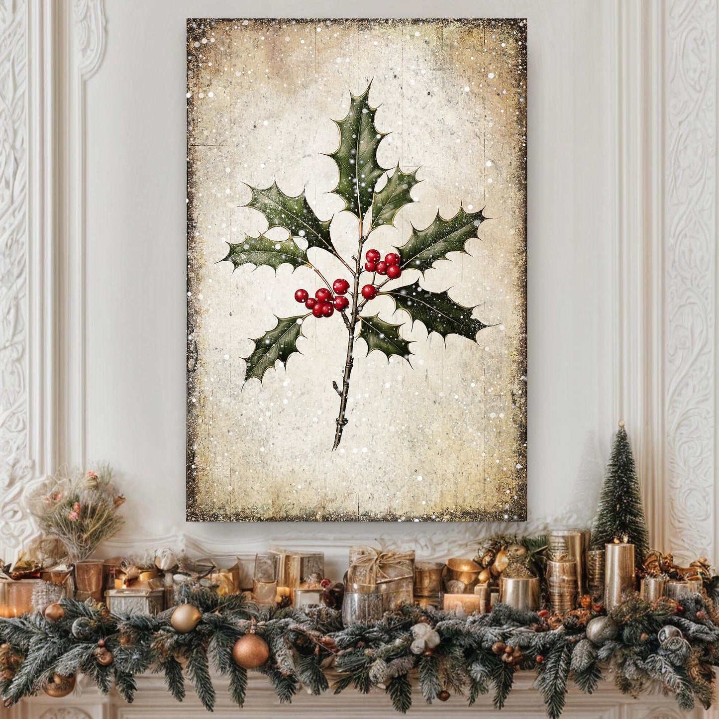 Christmas holly botanical canvas wall art print, classic holiday floral decor