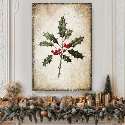 Christmas holly botanical canvas wall art print, classic holiday floral decor