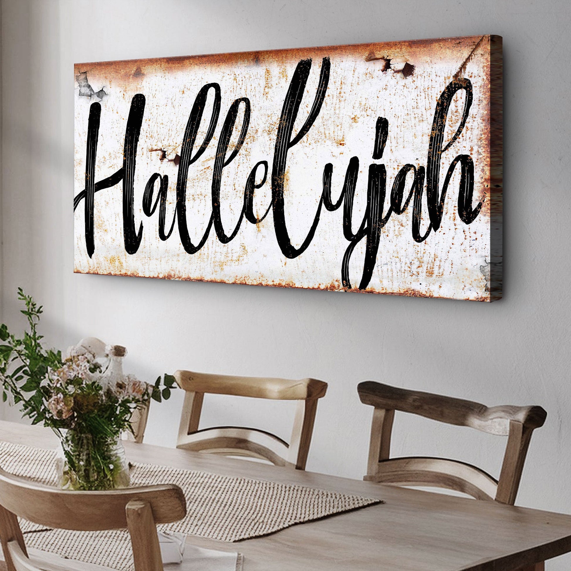 Rustic Hallelujah faith canvas sign with bold farmhouse lettering on gallery-wrapped canvas