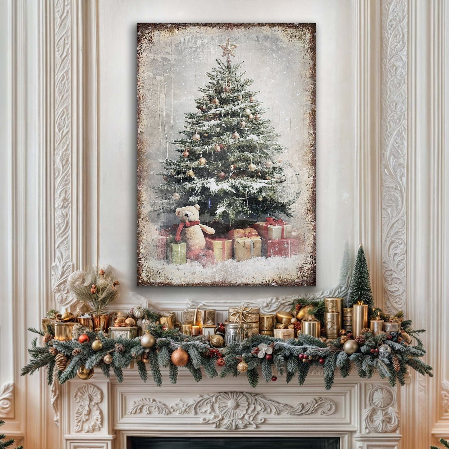 Vintage Christmas Tree With Gifts Canvas Wall Art