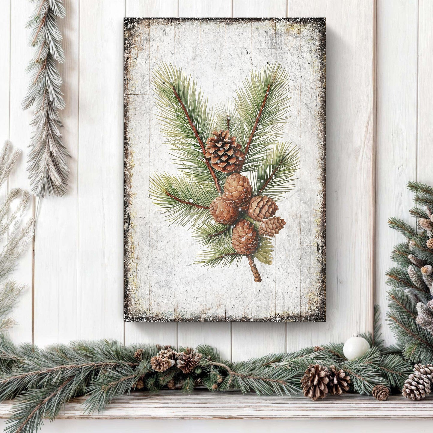 Vintage winter pine cone canvas wall art IV, rustic botanical pine cone design on gallery canvas