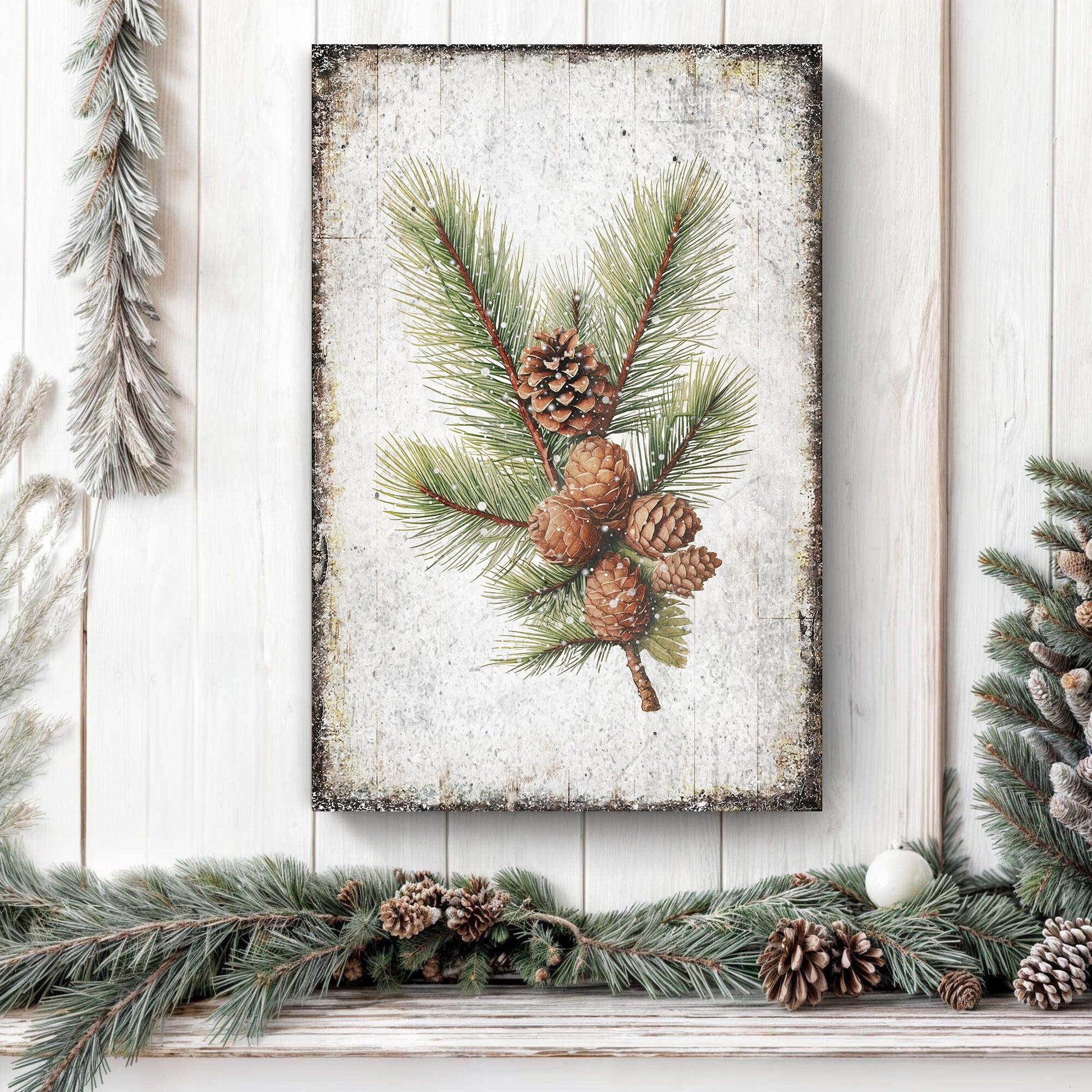 Vintage winter pine cone canvas wall art IV, rustic botanical pine cone design on gallery canvas