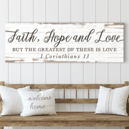 Faith Hope and Love Long White canvas shown in a styled room setting, view 3