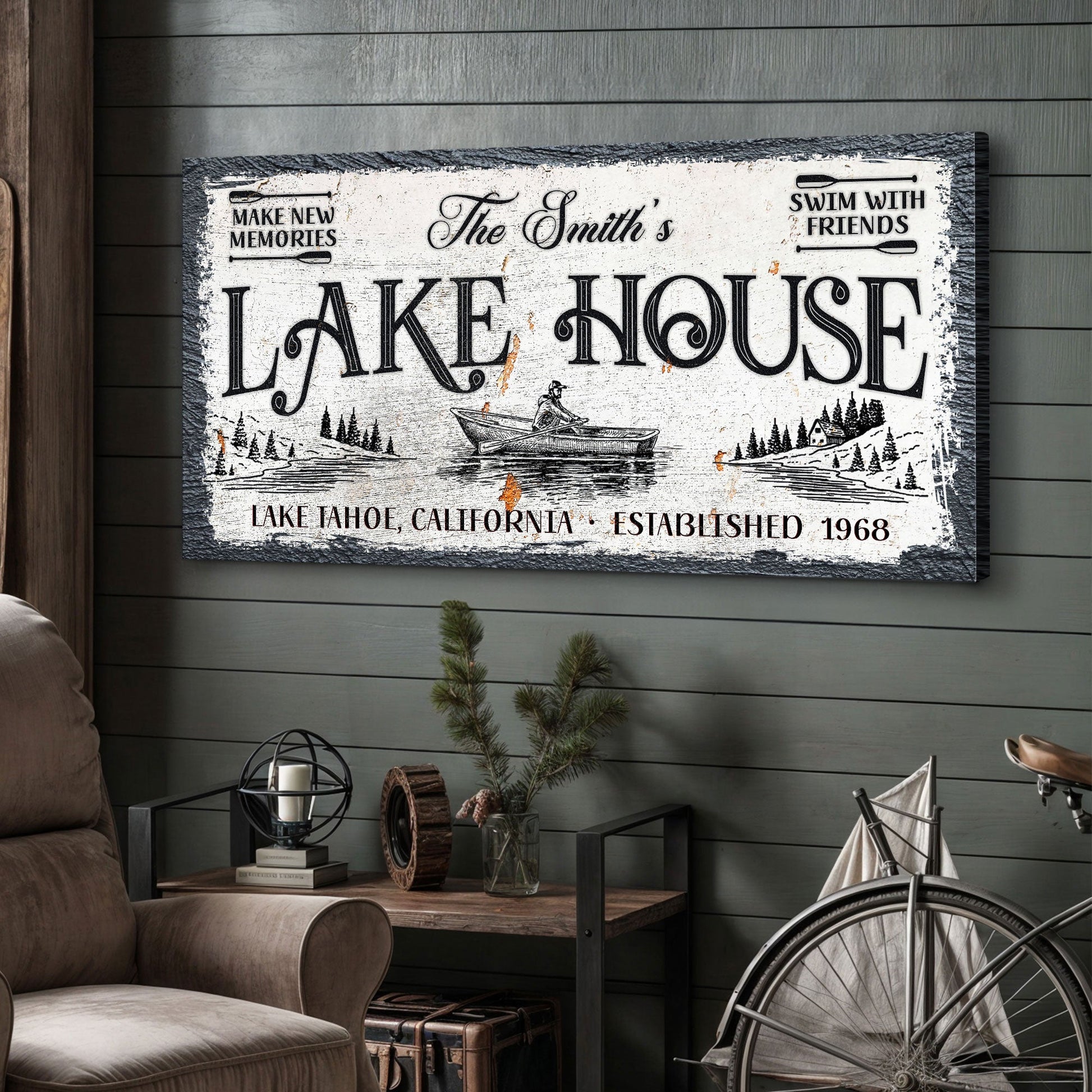 Lake house canvas sign, wide-format typographic wall art for cabin and lakefront rooms