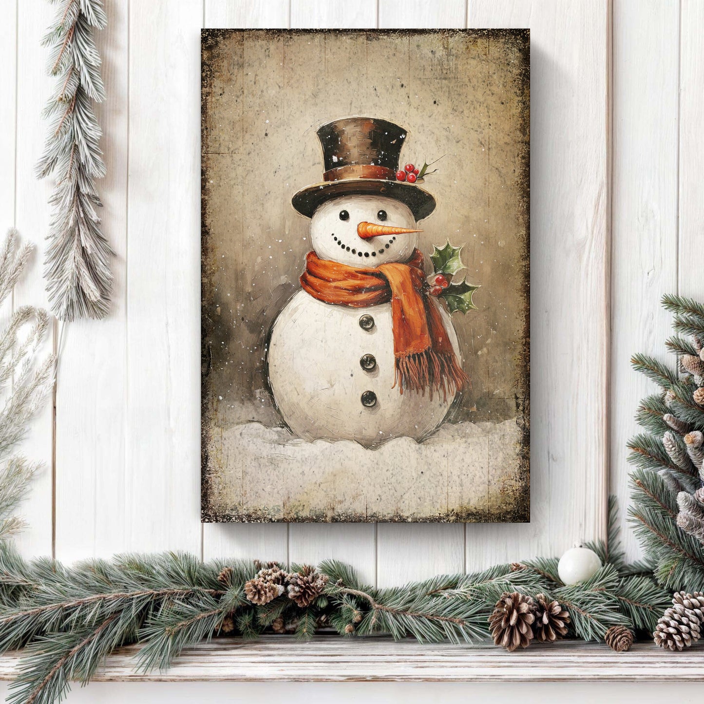 Vintage Snowman Christmas Canvas Wall Art IV