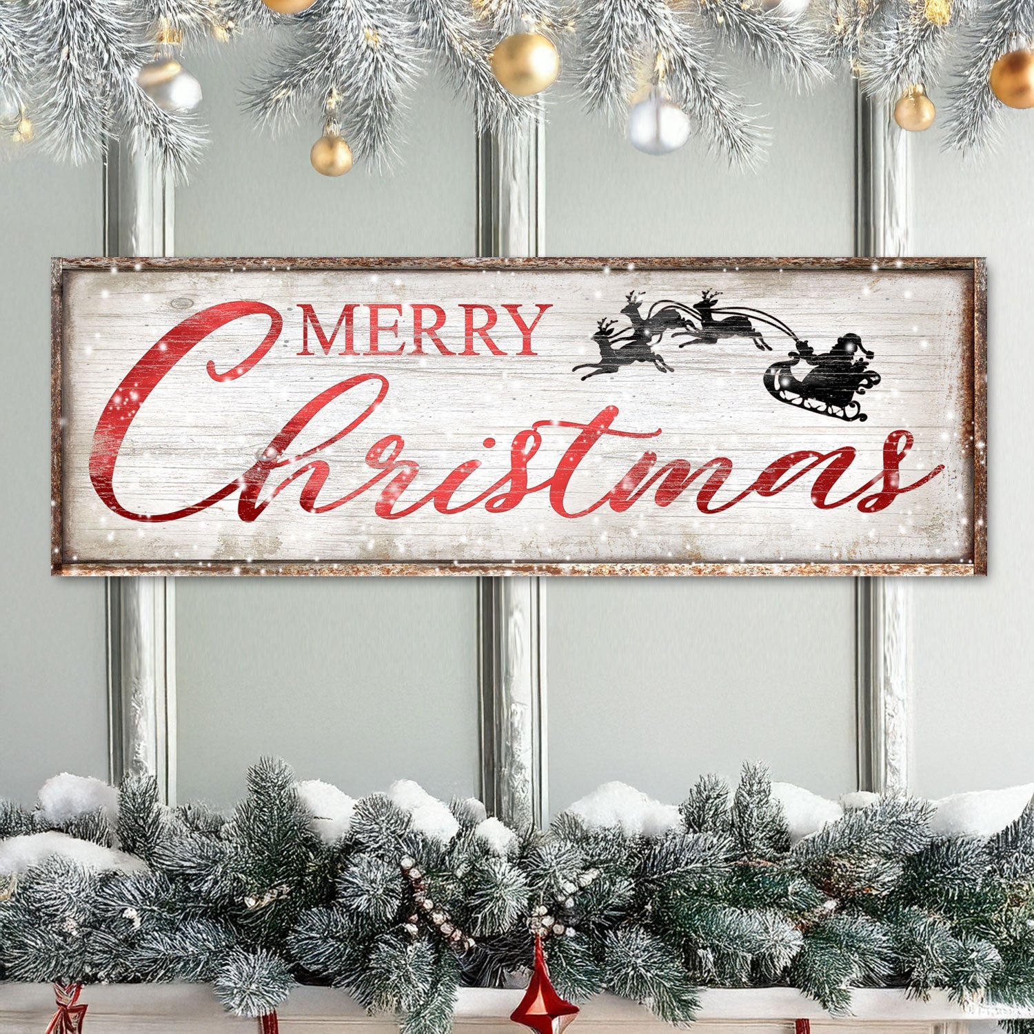 Vintage Merry Christmas canvas wall art sign with holiday typography