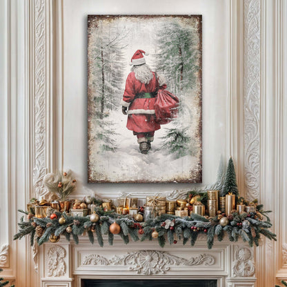 Santa on a Snowy Forest Path canvas shown in a styled room setting, view 3