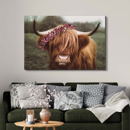 Highland Cow with Flower Crown canvas shown in a styled room setting, view 3