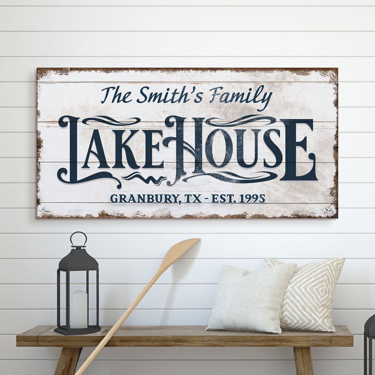 Lake house wide-format canvas wall art sign with relaxed lake life typography