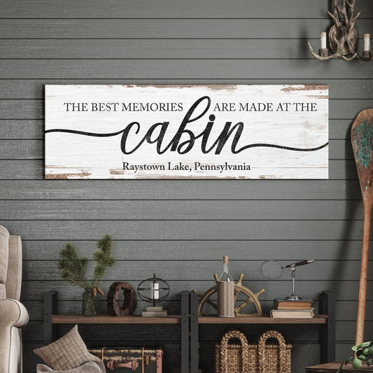 Best memories are made at the cabin quote — rustic cabin canvas wall art