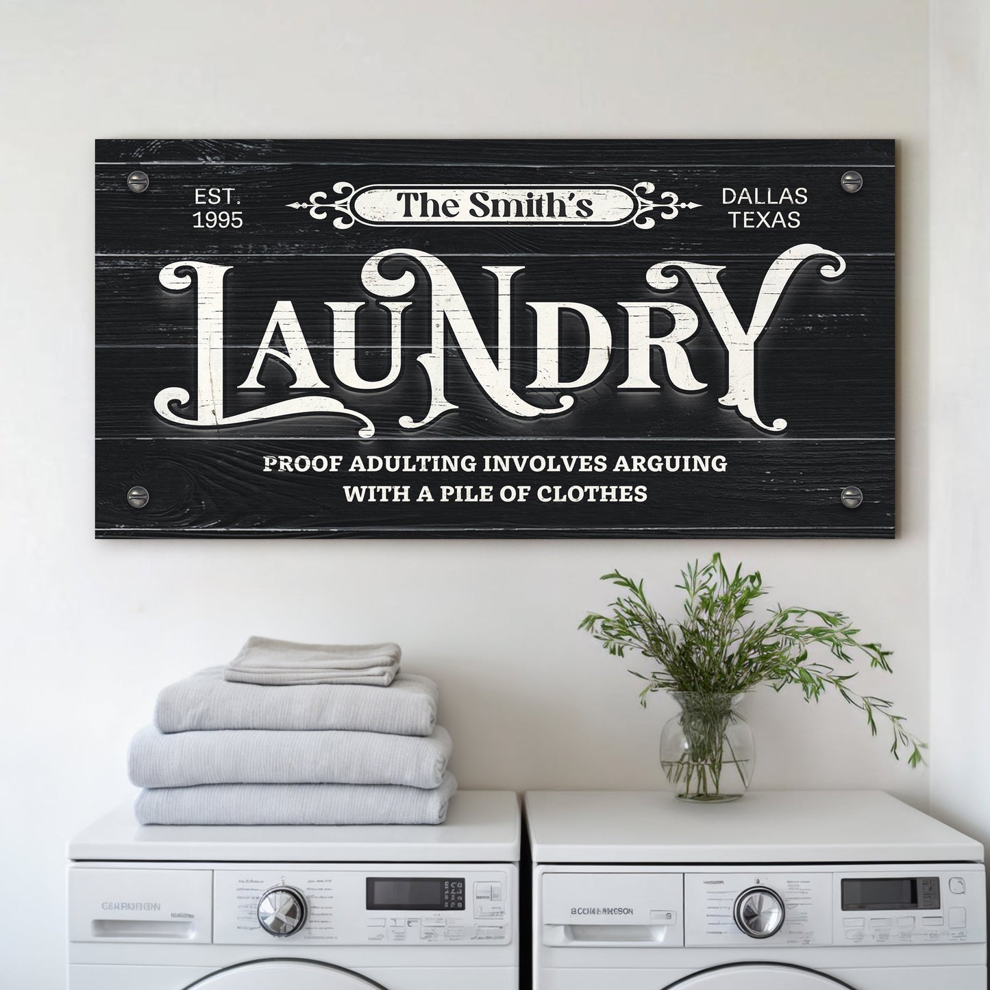 Laundry room wide-format canvas sign with bold playful typography for laundry room walls
