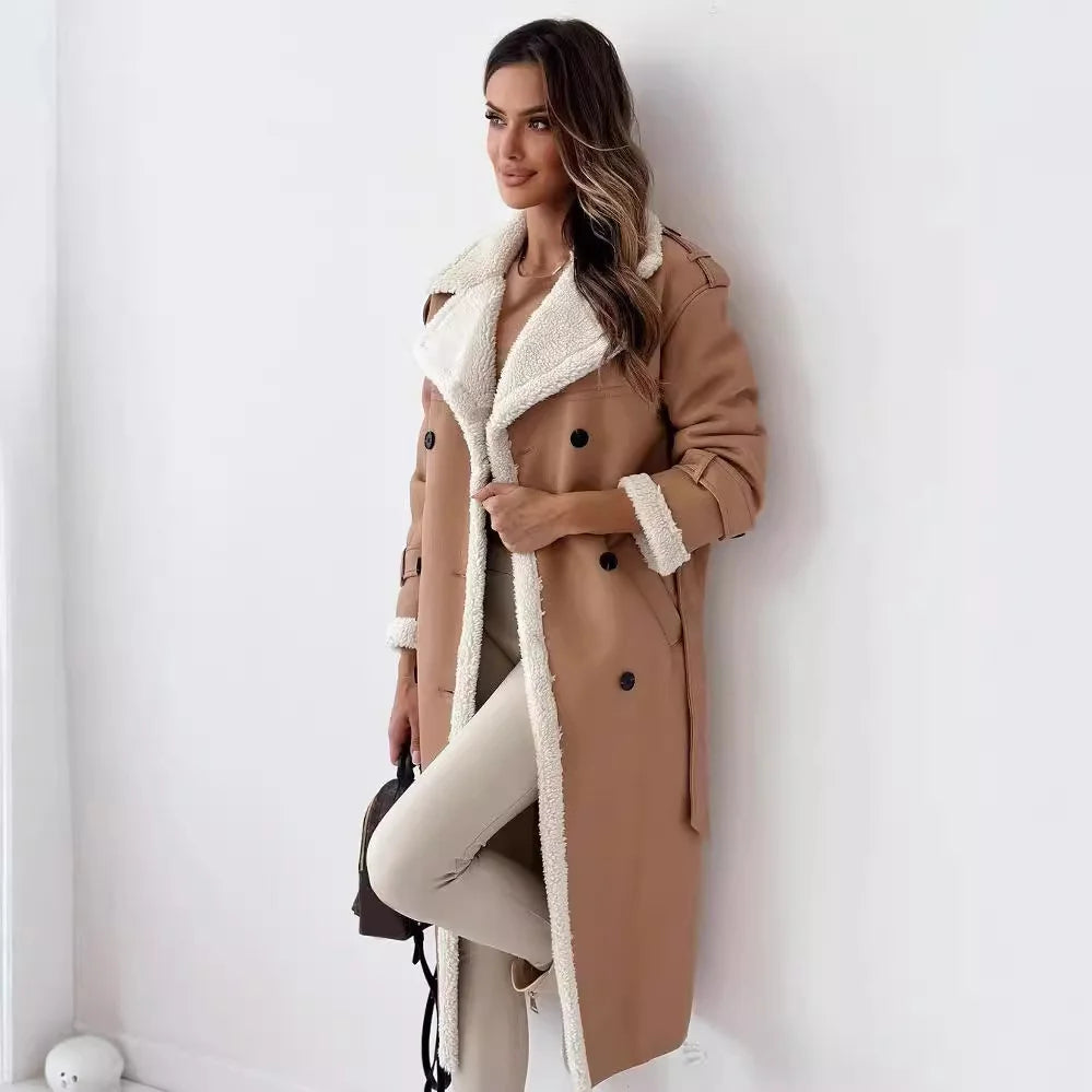 model wearing Khaki faux leather long winter coat
