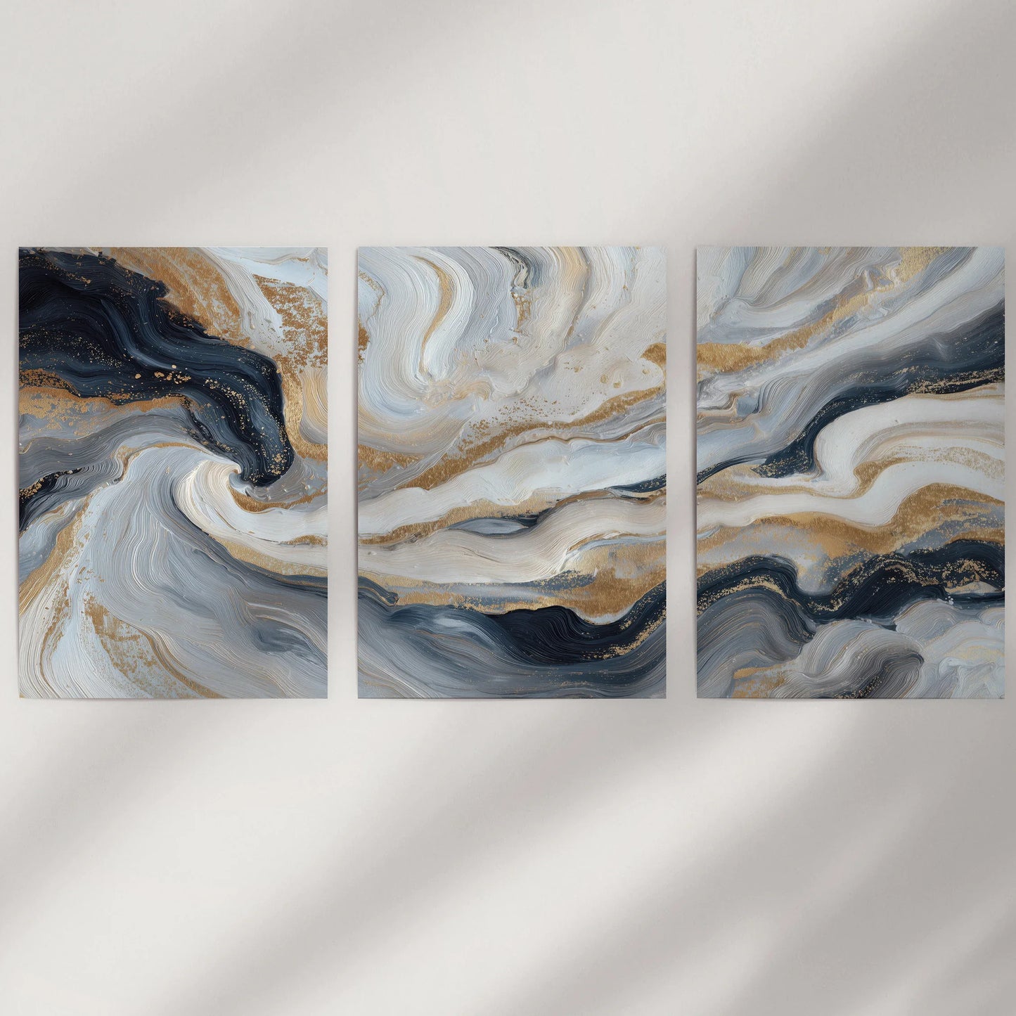 Marble Abstract Wall Art Set of 3 Navy Blue and Gold Prints