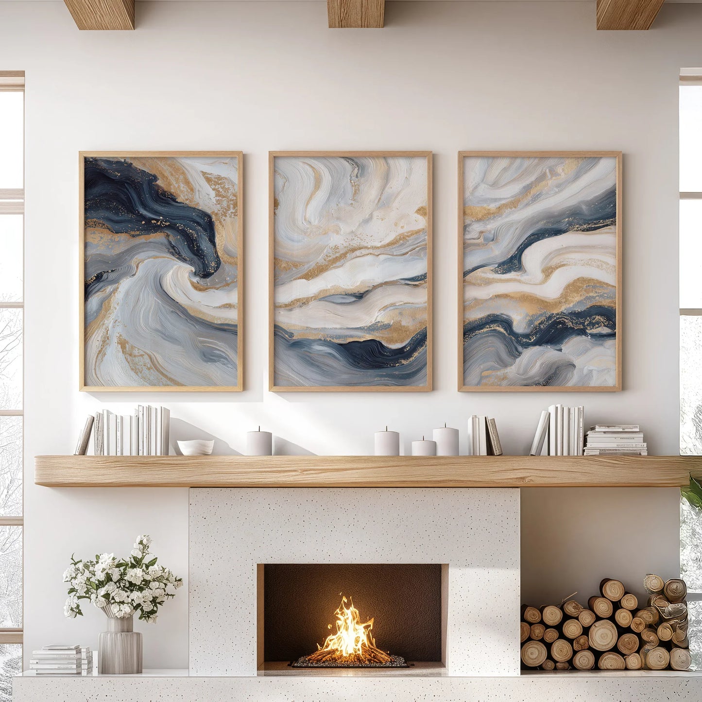 Marble Abstract Wall Art Set of 3 Navy Blue and Gold Prints