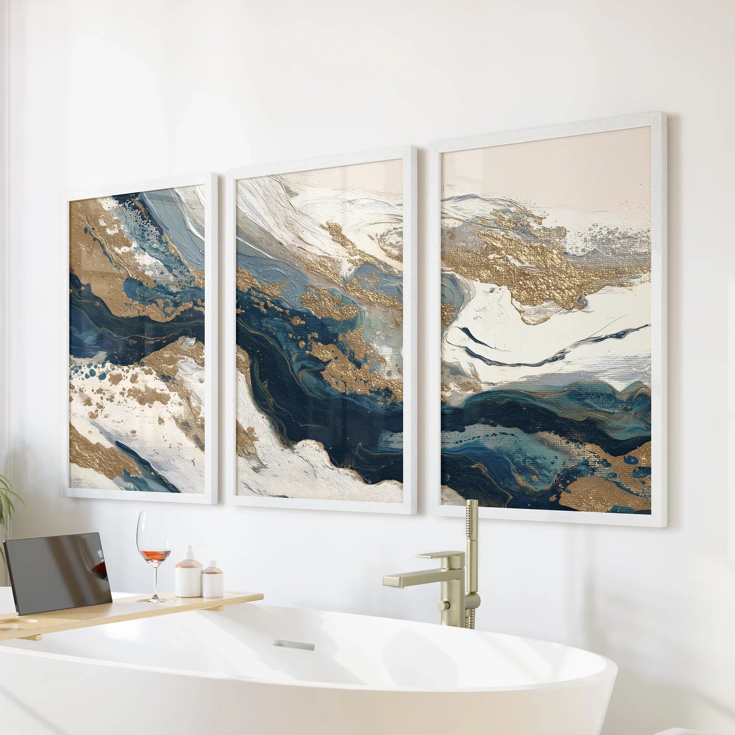 Gold and Blue Brush Stroke Abstract Wall Art Set of 3