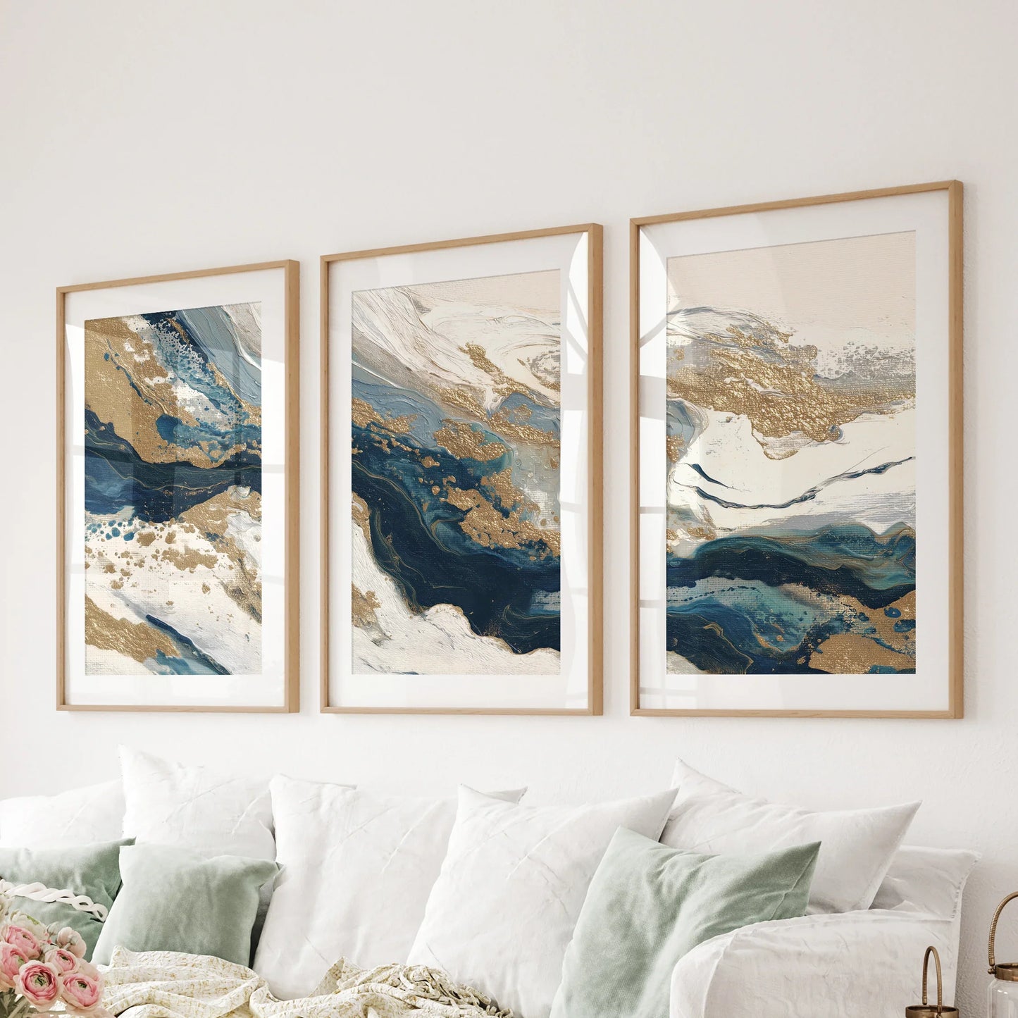 Gold and Blue Brush Stroke Abstract Wall Art Set of 3