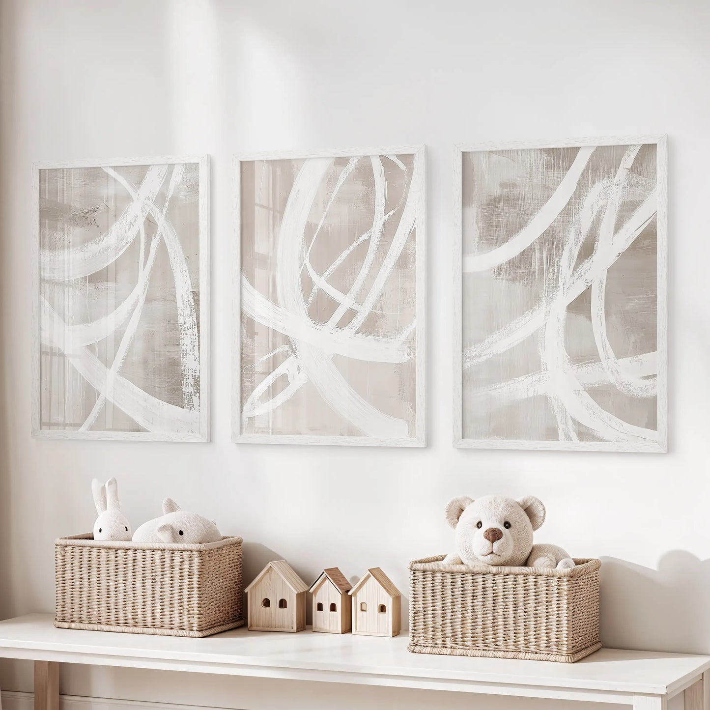 Neutral Abstract Wall Art Set of 3 Brush Stroke Prints
