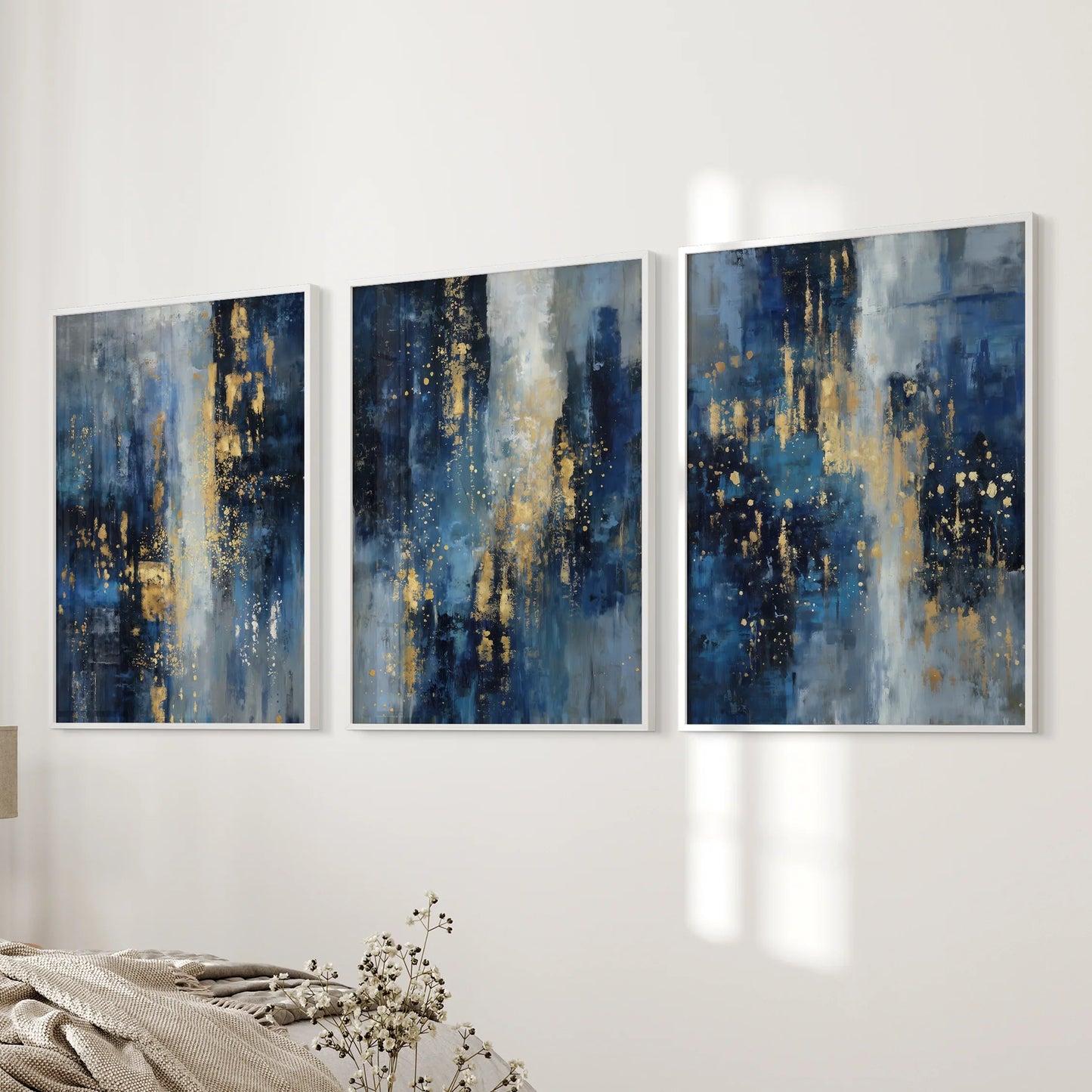 Navy Blue and Gold Abstract Wall Art Set of 3 Prints