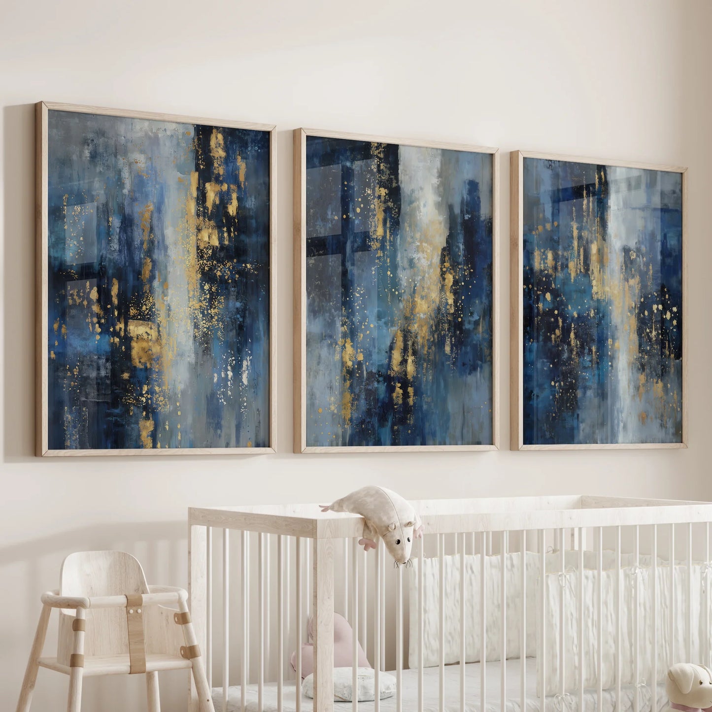 Navy Blue and Gold Abstract Wall Art Set of 3 Prints