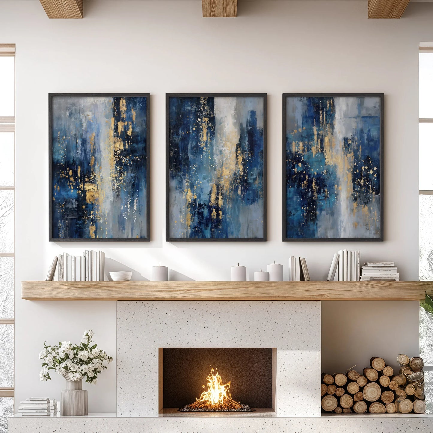 Navy Blue and Gold Abstract Wall Art Set of 3 Prints