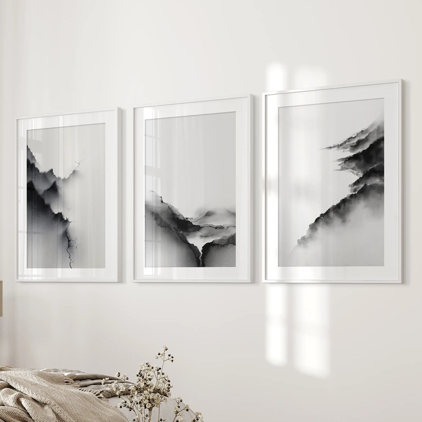 Mountain Landscape Wall Art Set of 3 Black and White Prints