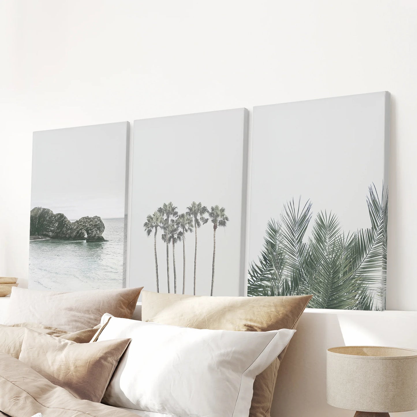 Modern Coastal Wall Art Set of 3 Ocean and Palm Prints