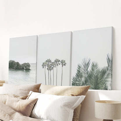 Modern Coastal Wall Art Set of 3 Ocean and Palm Prints