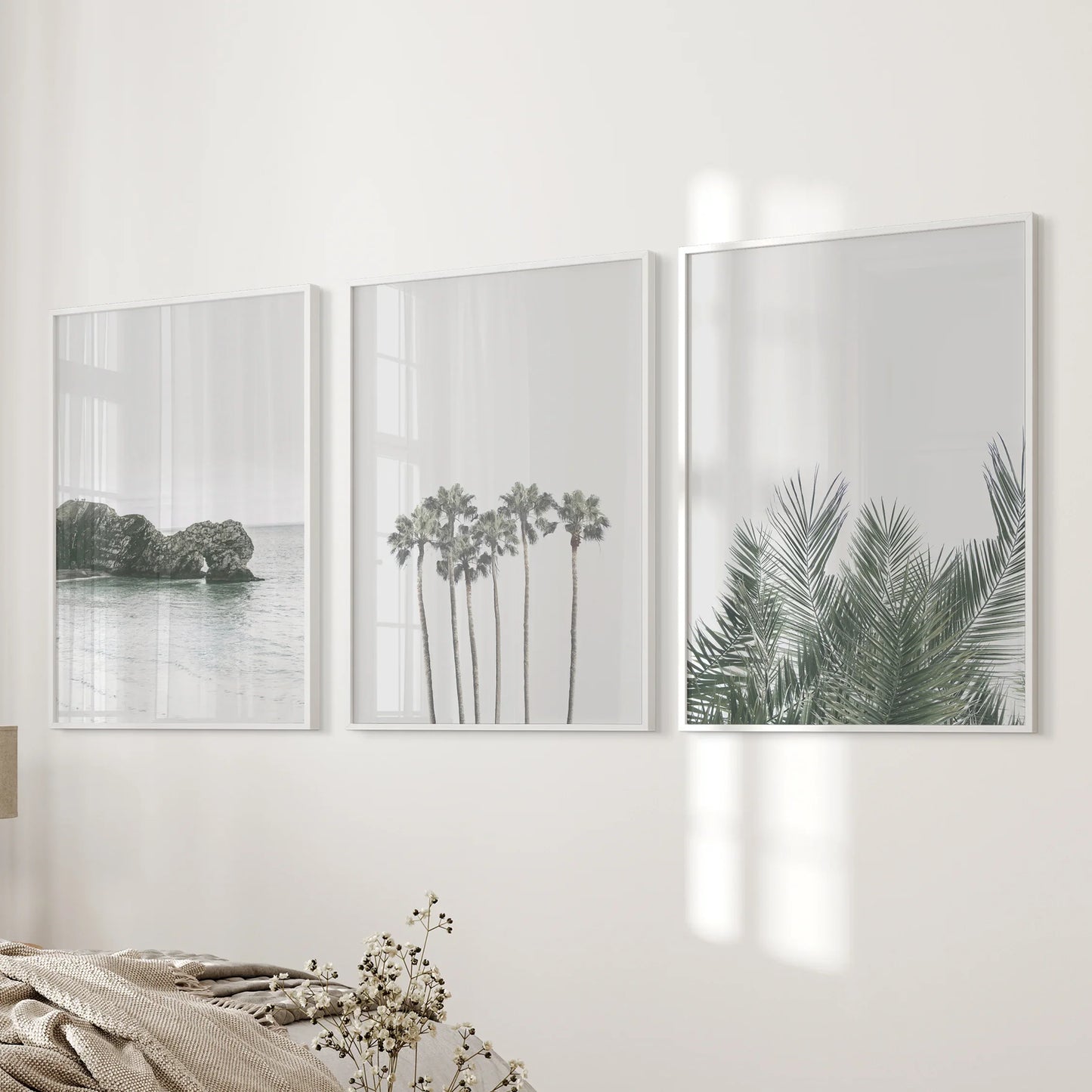 Modern Coastal Wall Art Set of 3 Ocean and Palm Prints