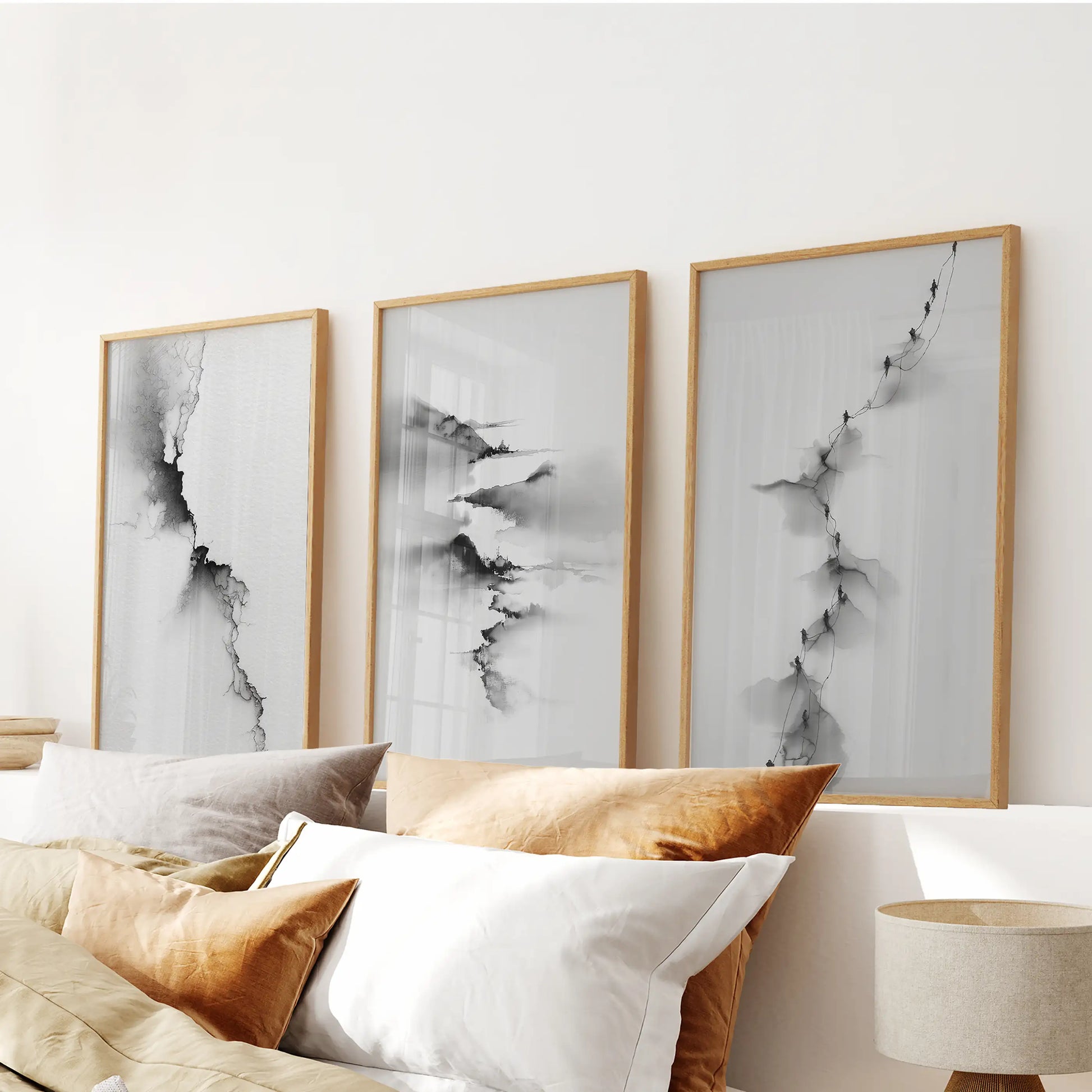 Abstract mountain 3 piece wall art set in minimalist black and gray tones
