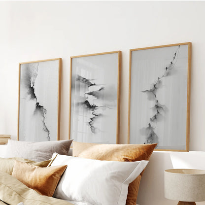 Abstract mountain 3 piece wall art set in minimalist black and gray tones