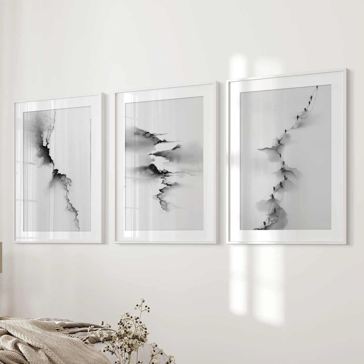 Abstract Mountain Wall Art, Black White 3 Piece Set