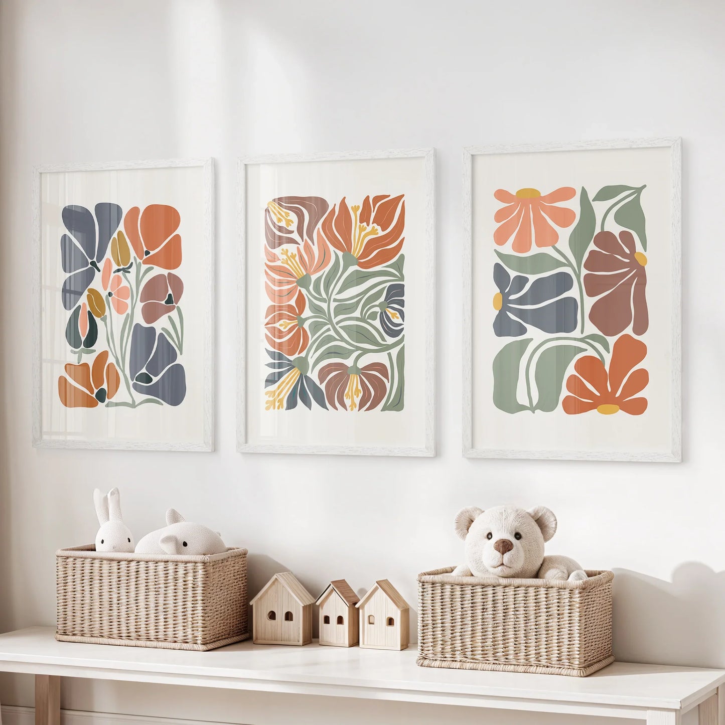 Boho Botanical Wall Art Set of 3 Abstract Flowers