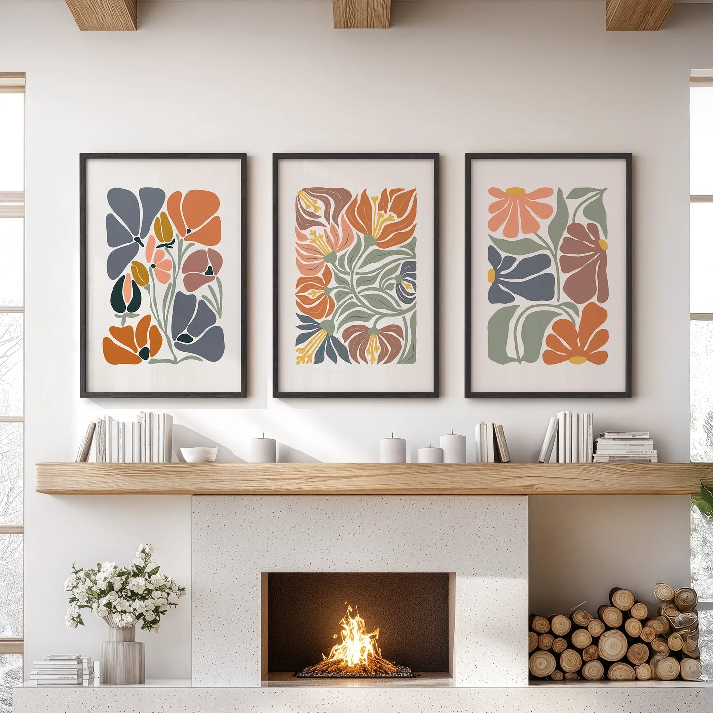Boho Botanical Wall Art Set of 3 Abstract Flowers