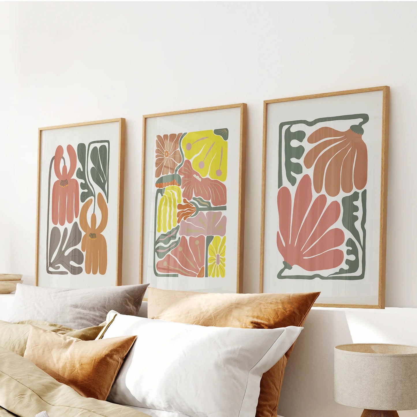 Boho botanical abstract flower wall art set of 3 prints