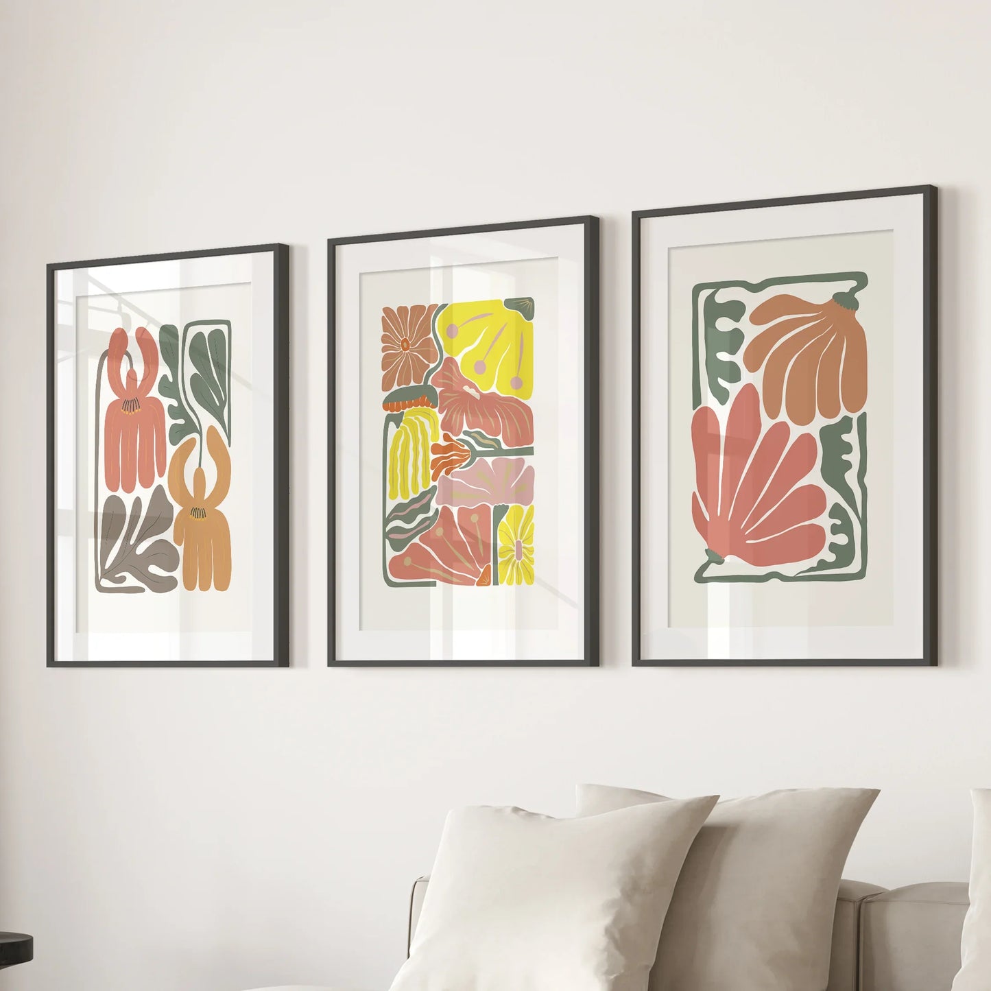 Boho Botanical Wall Art Set of 3 Abstract Flower Prints