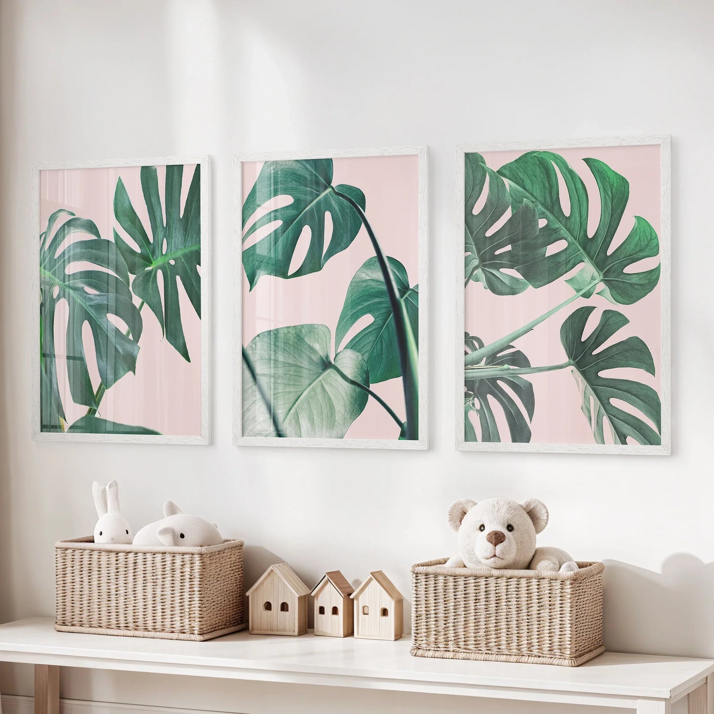 Pink Botanical Wall Art Set of 3 Green Monstera Prints