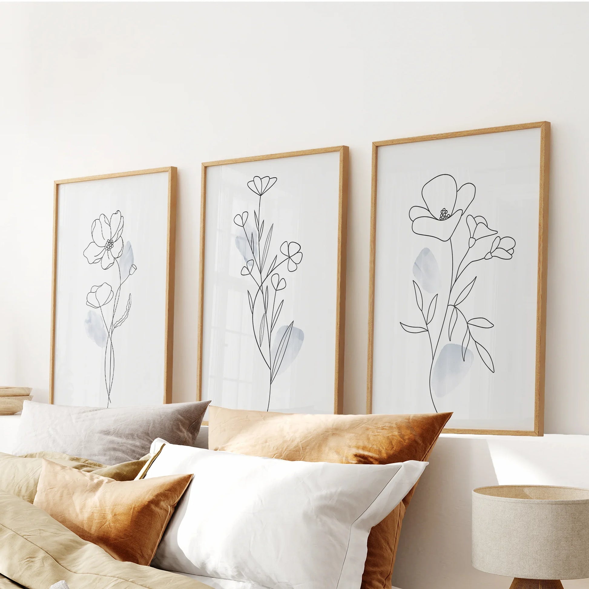 Black and white botanical line art wall art set of 3 prints