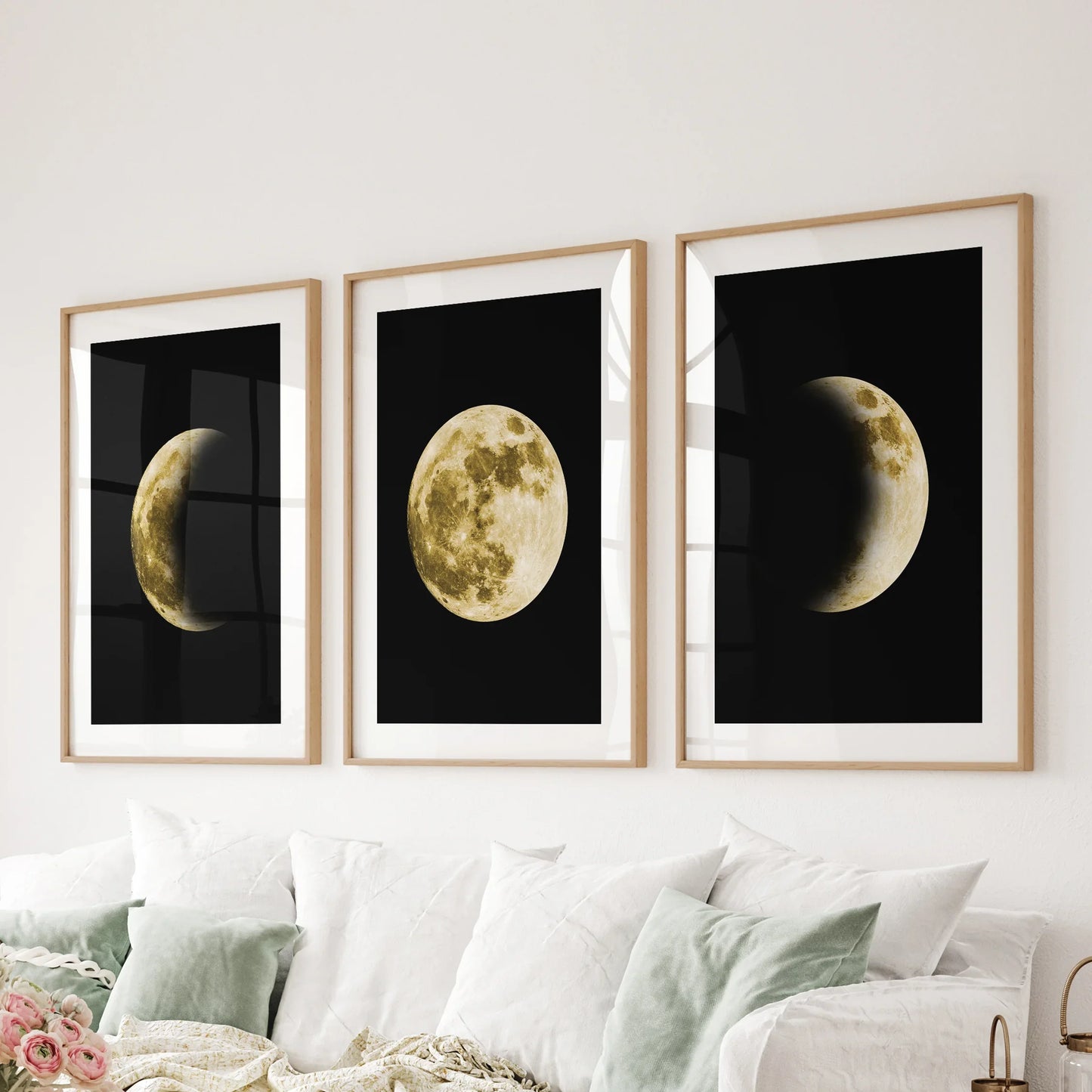 Celestial Moon Phases Wall Art Set of 3 Gold Prints