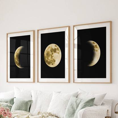 Celestial Moon Phases Wall Art Set of 3 Gold Prints