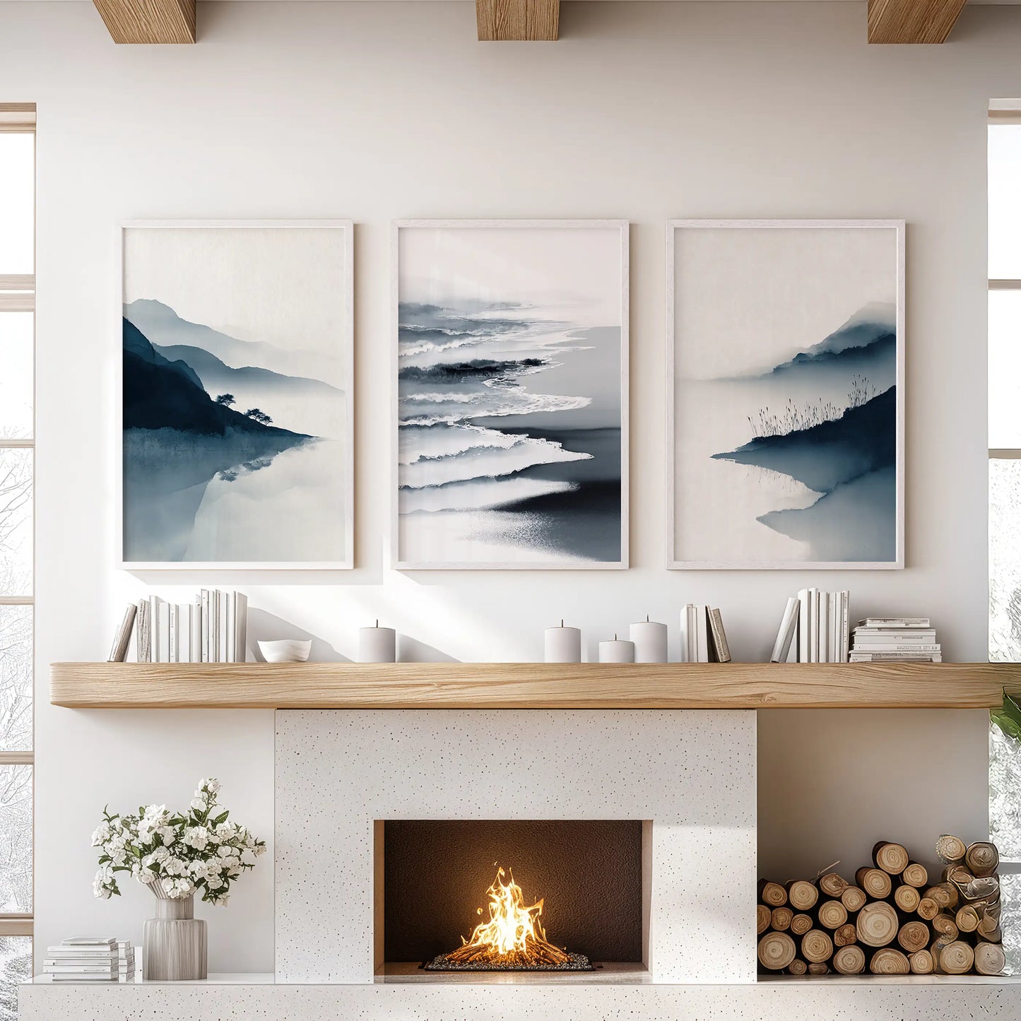 Minimalist Mountain Lake Landscape Wall Art Set of 3