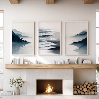 Minimalist Mountain Lake Landscape Wall Art Set of 3