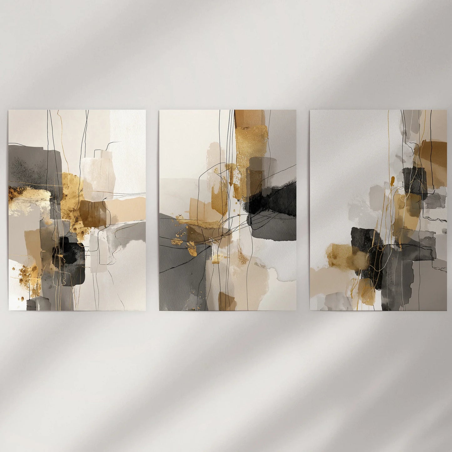 Neutral Abstract Wall Art Set of 3 Beige Gray Gold Prints