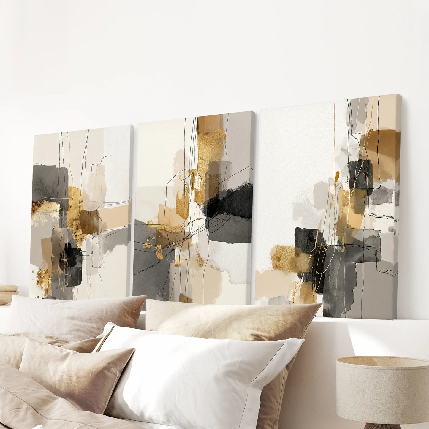 Neutral Abstract Wall Art Set of 3 Beige Gray Gold Prints